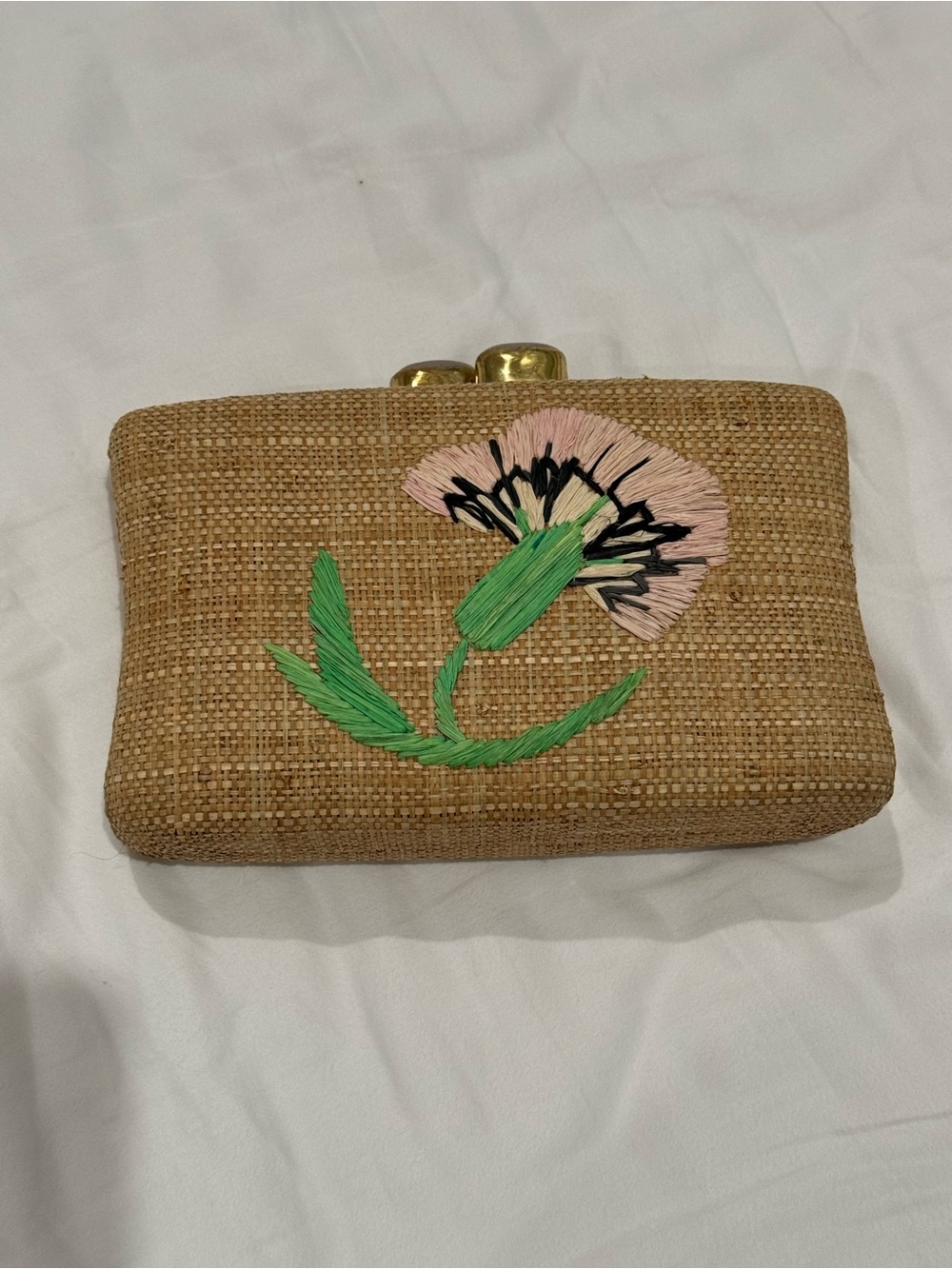 Pamela Munson The Azalea Straw Embroidered Floral Clutch - Pink & Green